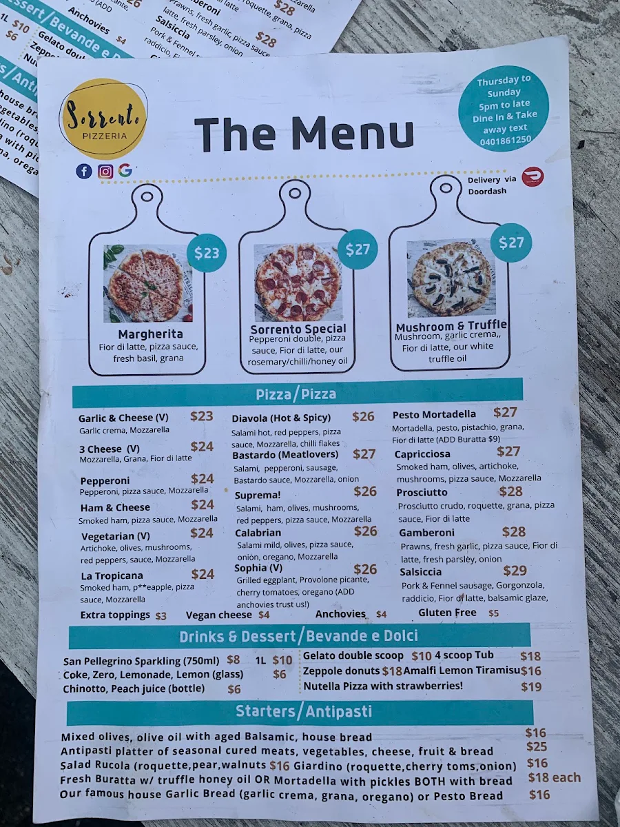 Menu, Sorrento Pizzeria Empire Bay