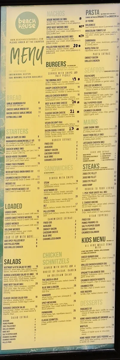 Menu, Beach House Bar & Grill Coomera