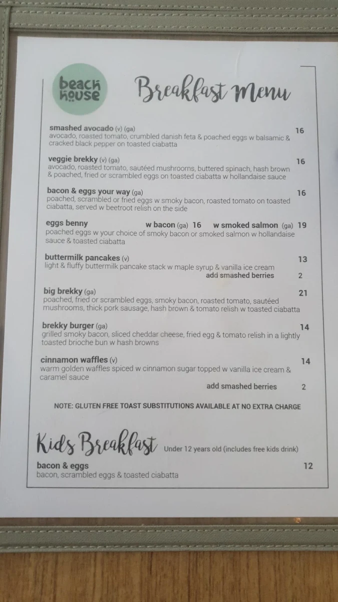 Menu, Beach House Bar & Grill Coomera
