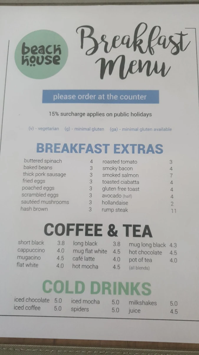 Menu, Beach House Bar & Grill Coomera