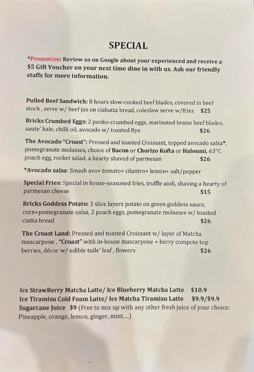 Menu, Bricks & Brunch