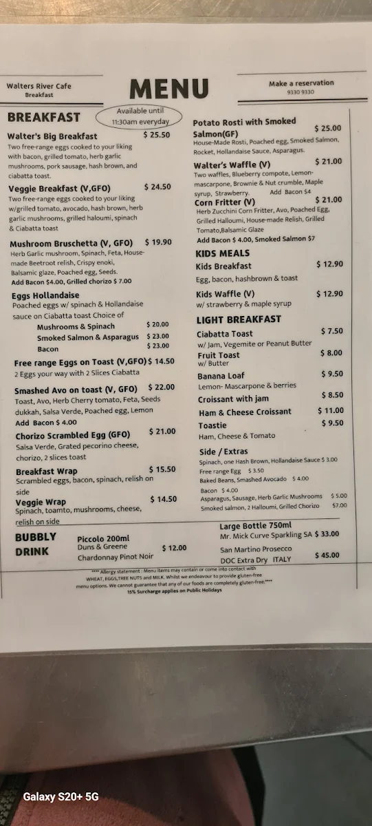 Menu, Walters River Café