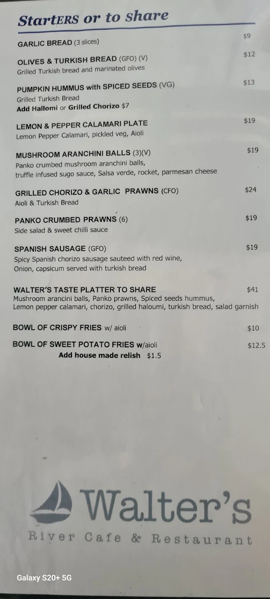 Menu, Walters River Café