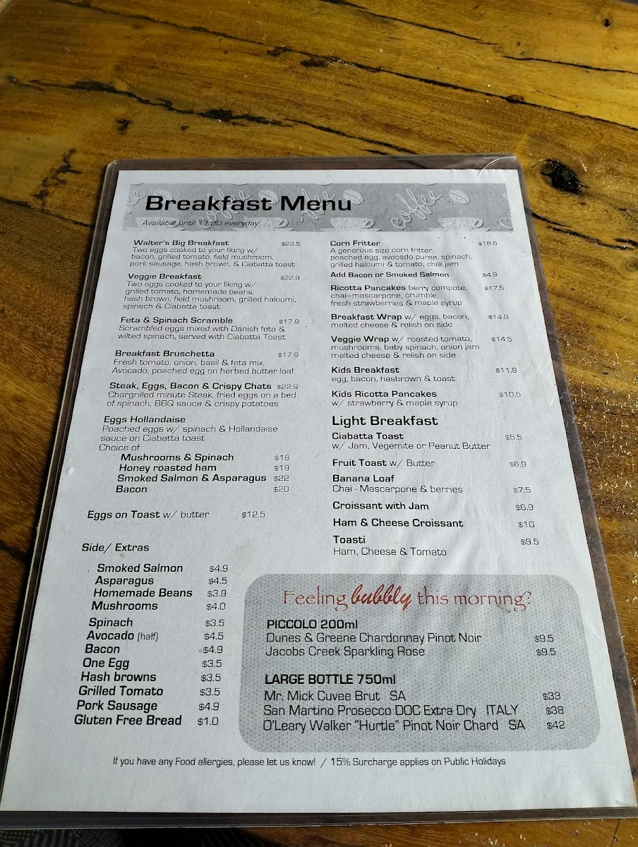 Menu, Walters River Café
