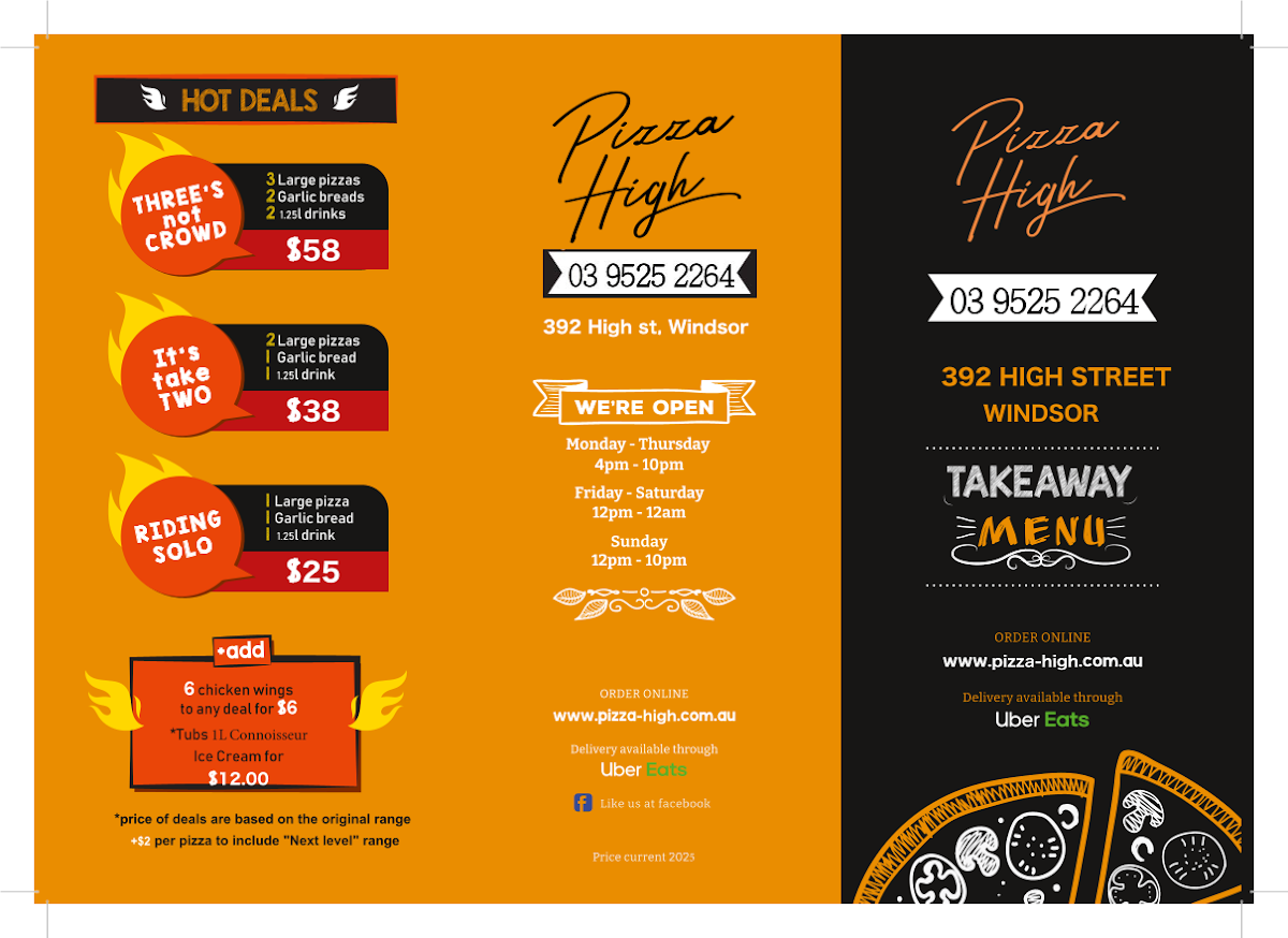 Menu, Pizza High