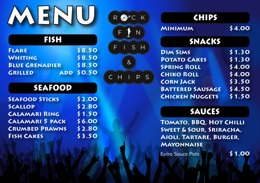Menu, Rock Fin Fish & Chips