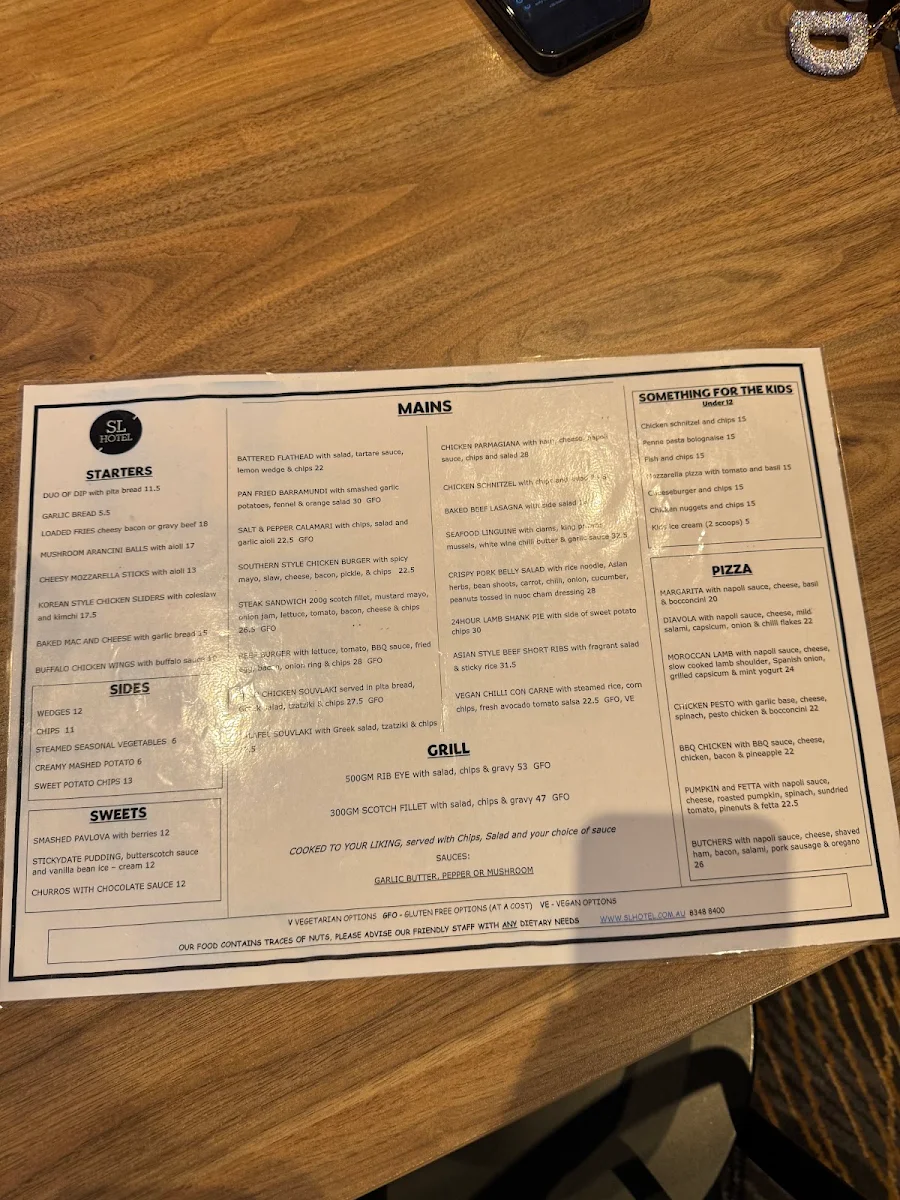 Menu, Sanctuary Lakes Hotel