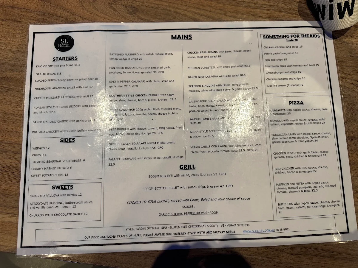 Menu, Sanctuary Lakes Hotel