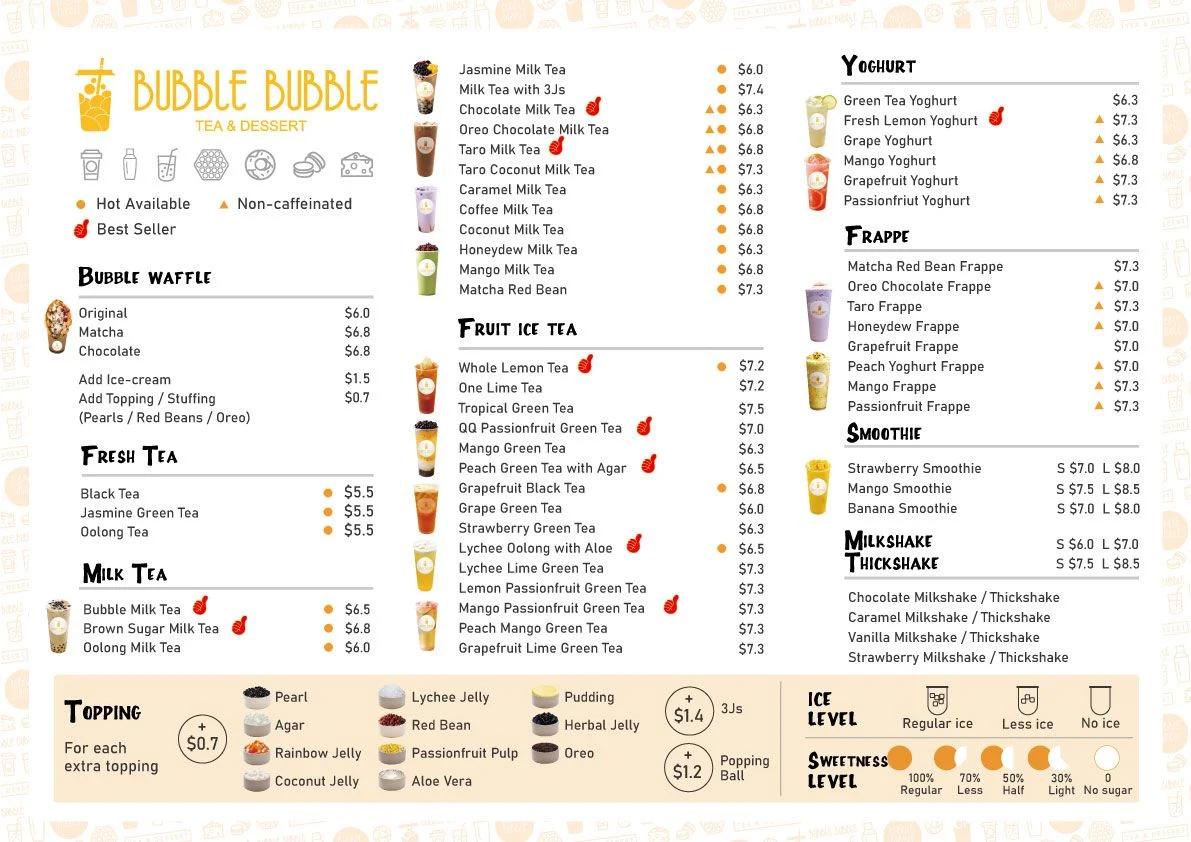 Menu, BUBBLE BUBBLE Victoria Point