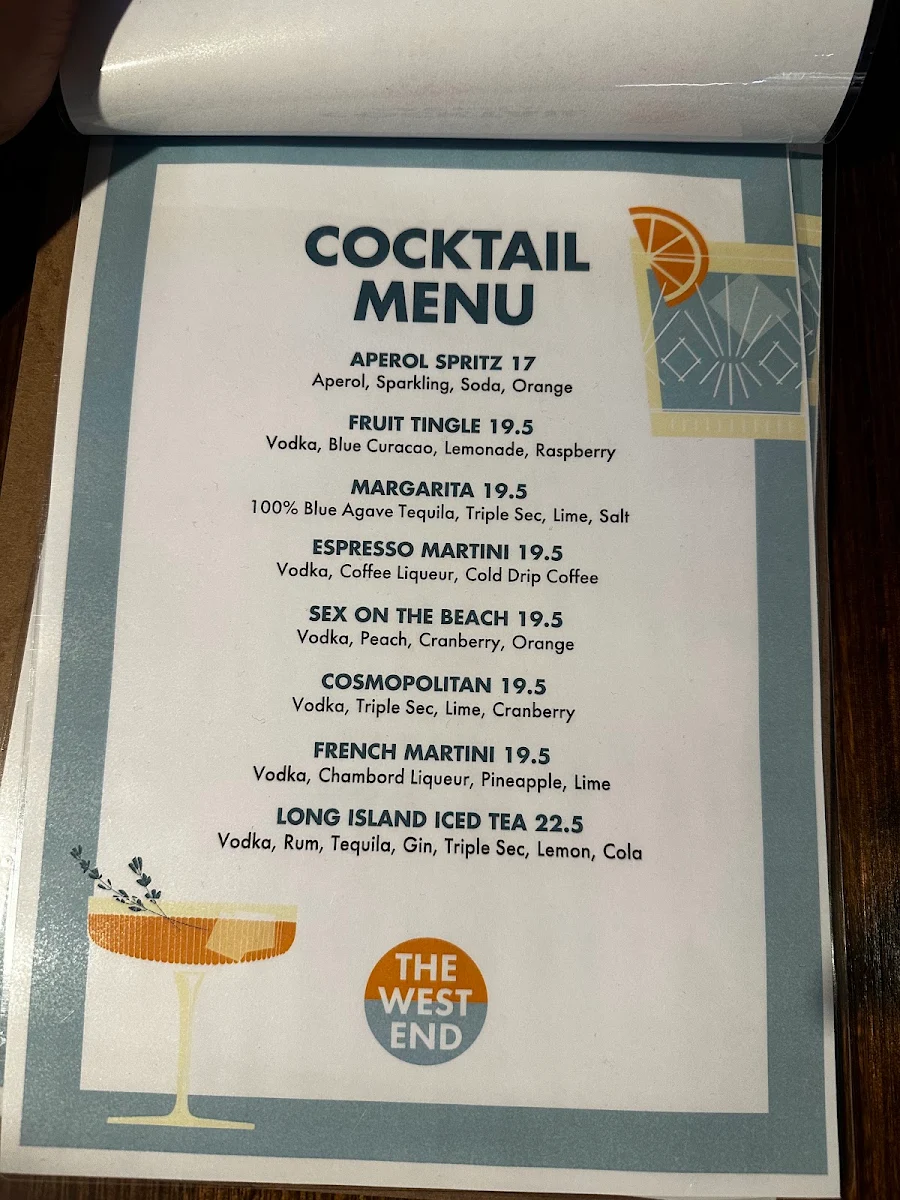 Menu, West End Tavern