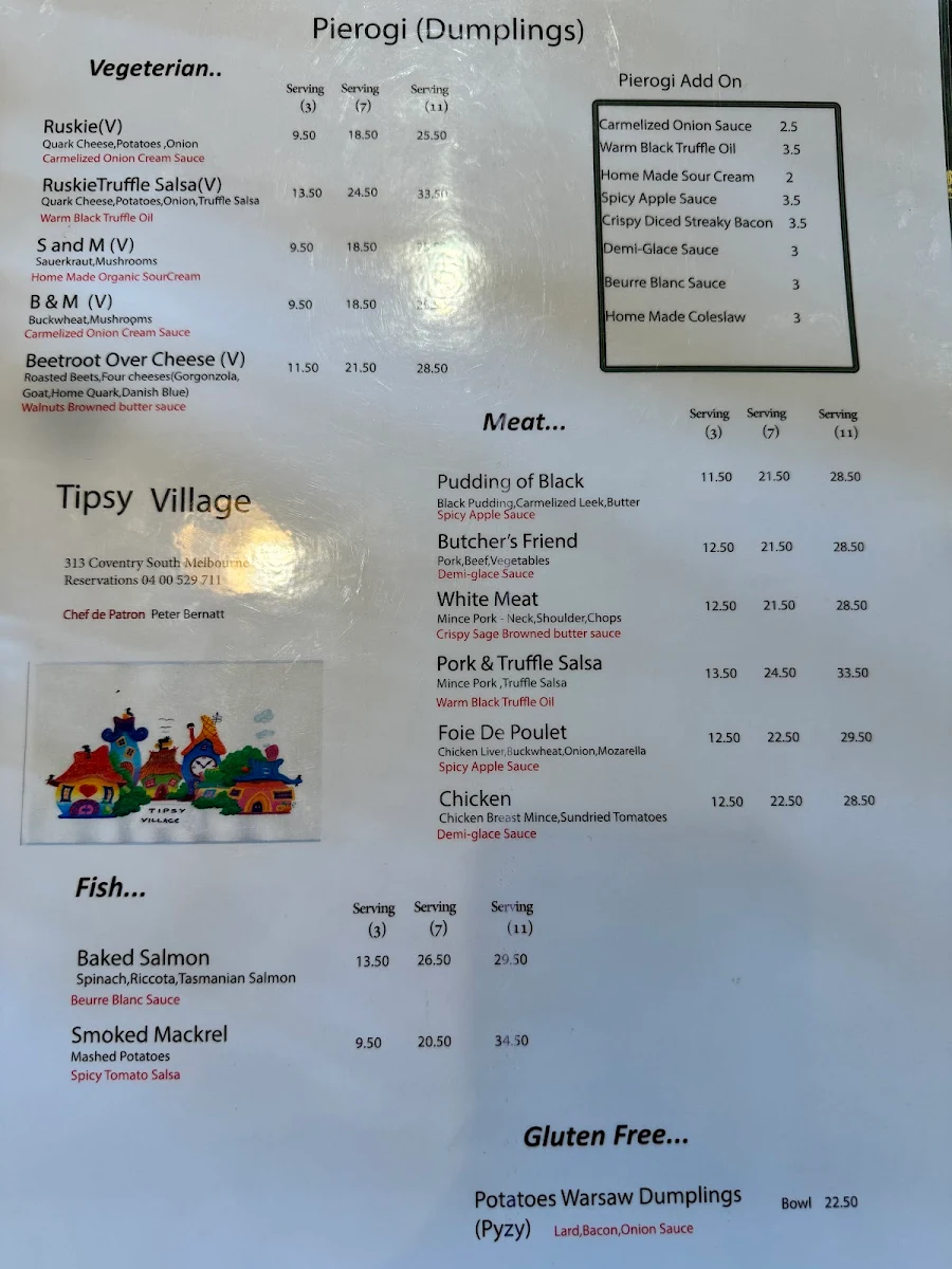 Menu, Tipsy Village