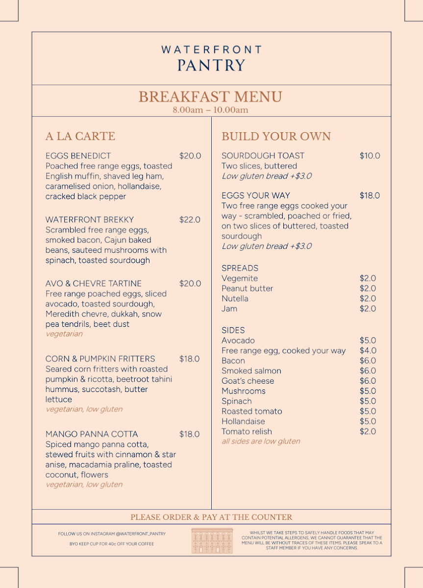 Menu, Waterfront Pantry