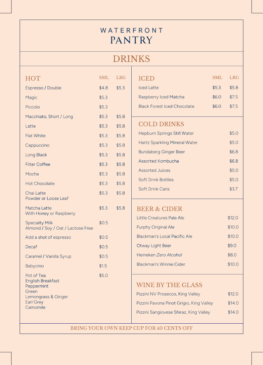 Menu, Waterfront Pantry