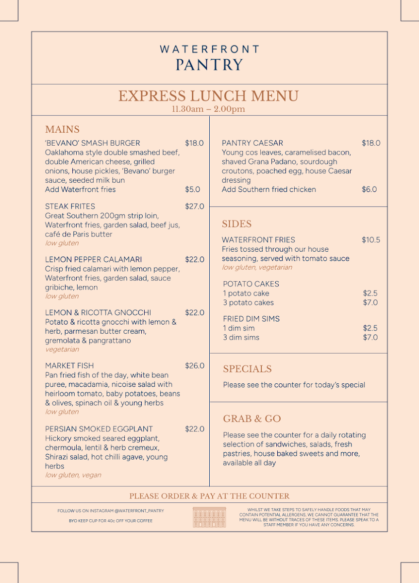Menu, Waterfront Pantry
