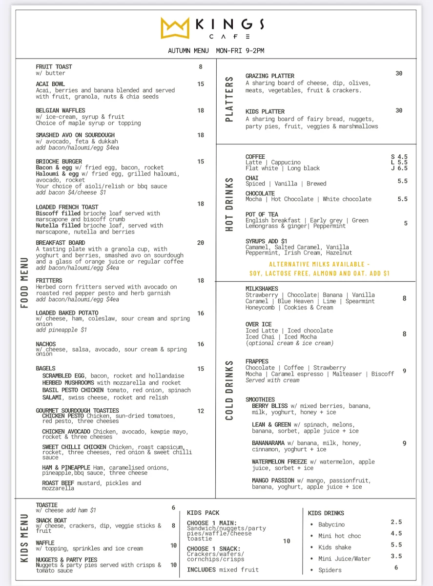 Menu, Kings Cafe