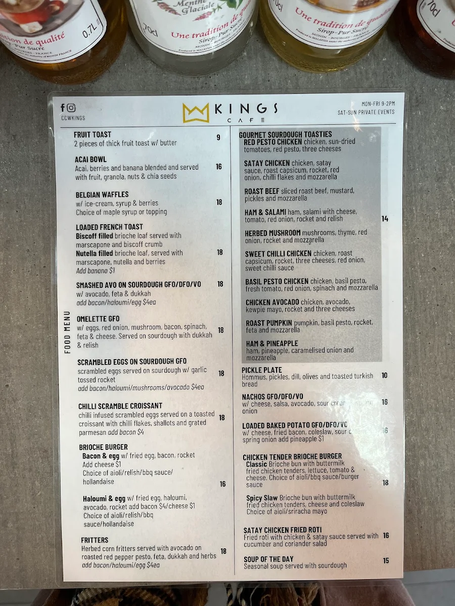 Menu, Kings Cafe