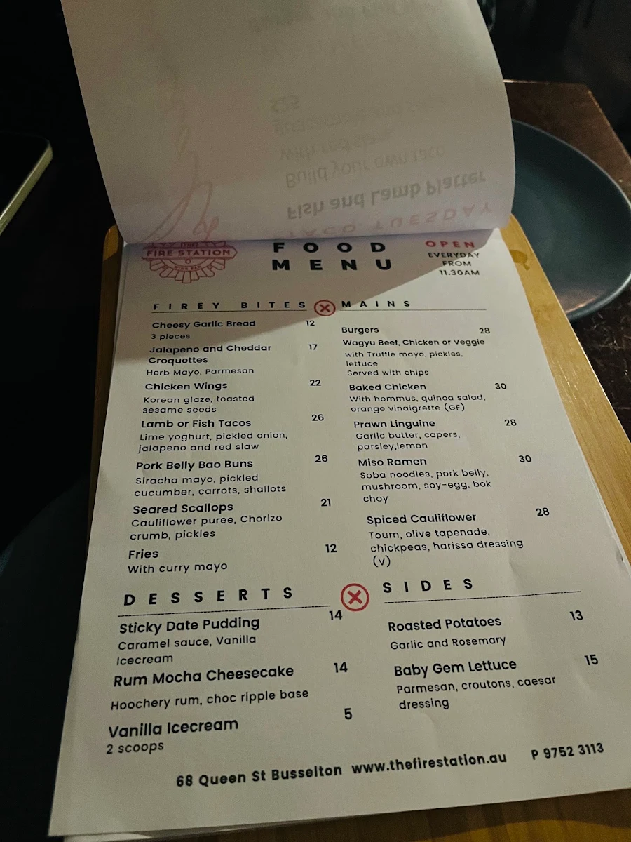 Menu, The Fire Station