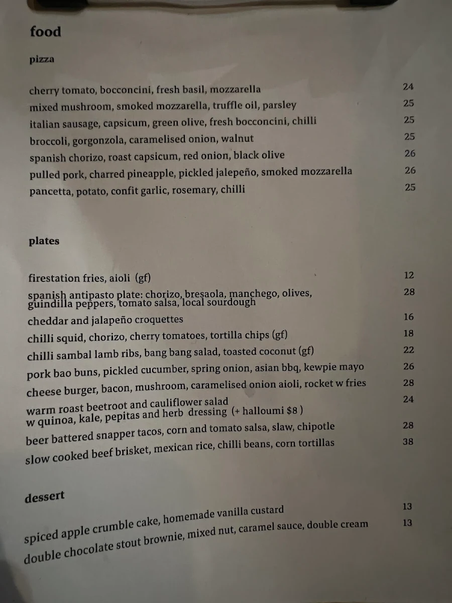 Menu, The Fire Station