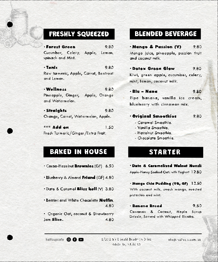 Menu, Half Cup Cafe