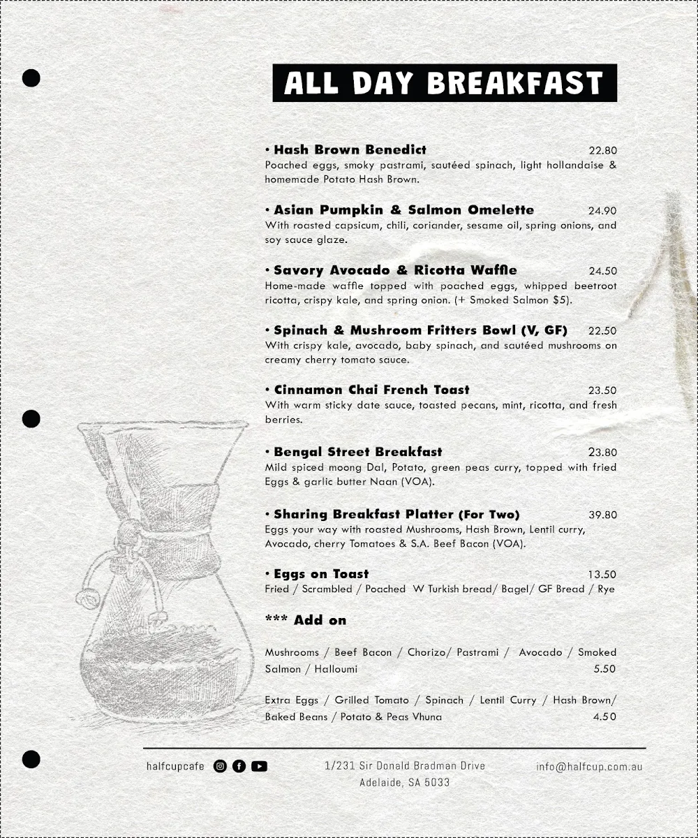 Menu, Half Cup Cafe