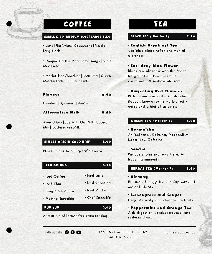 Menu, Half Cup Cafe