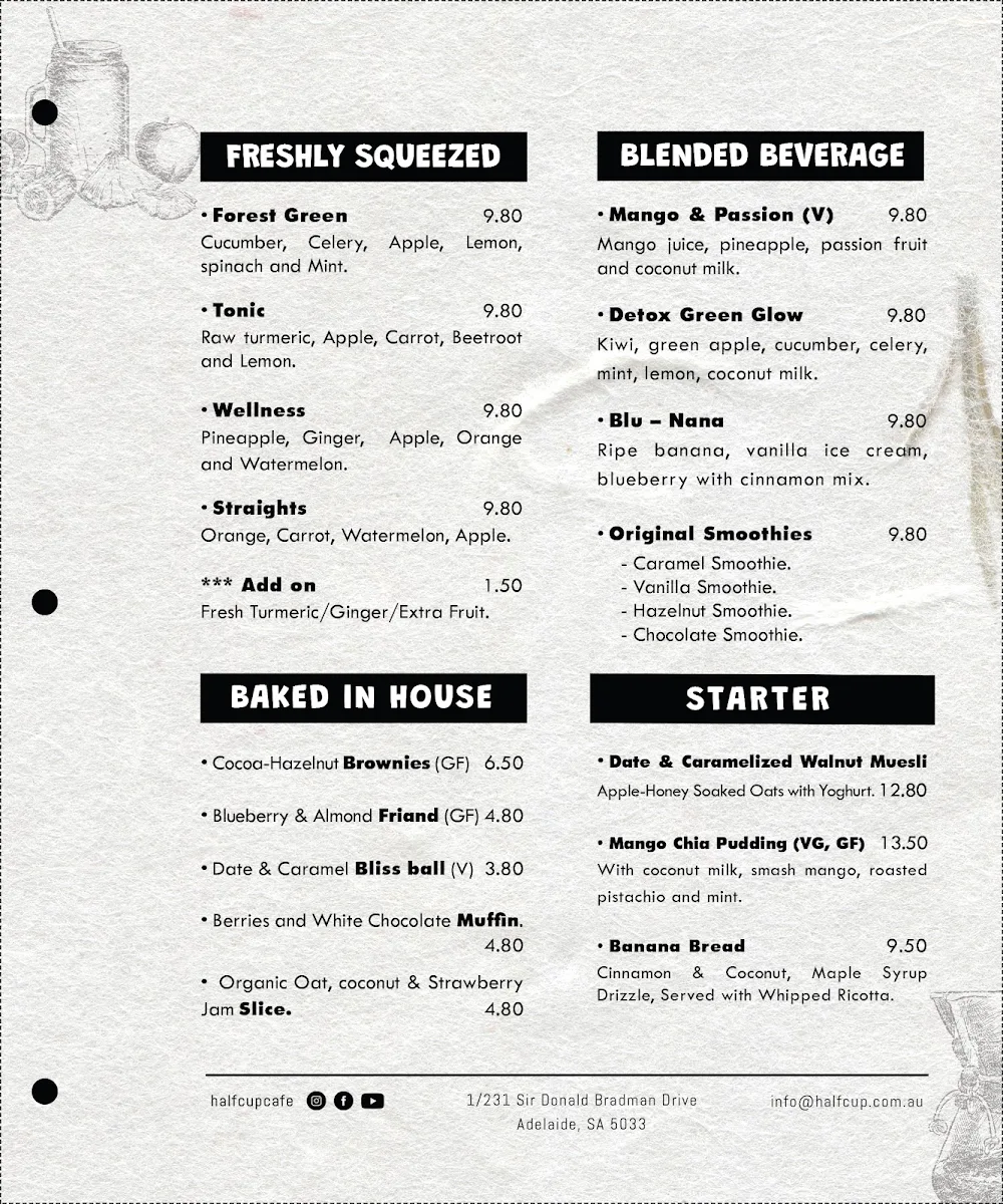 Menu, Half Cup Cafe