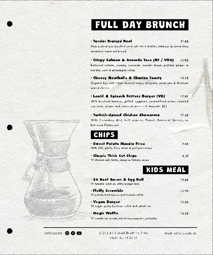 Menu, Half Cup Cafe