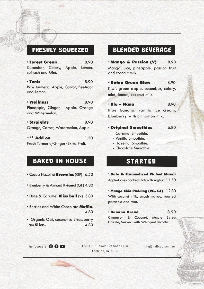 Menu, Half Cup Cafe