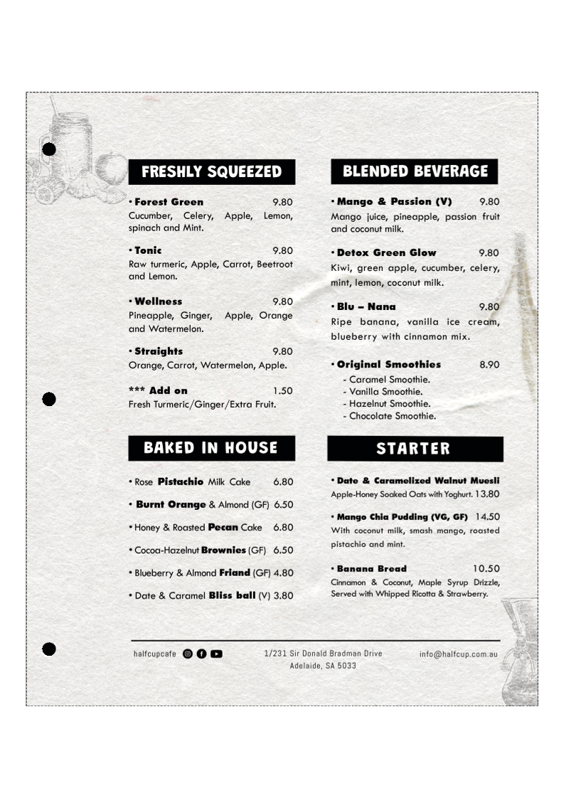 Menu, Half Cup Cafe