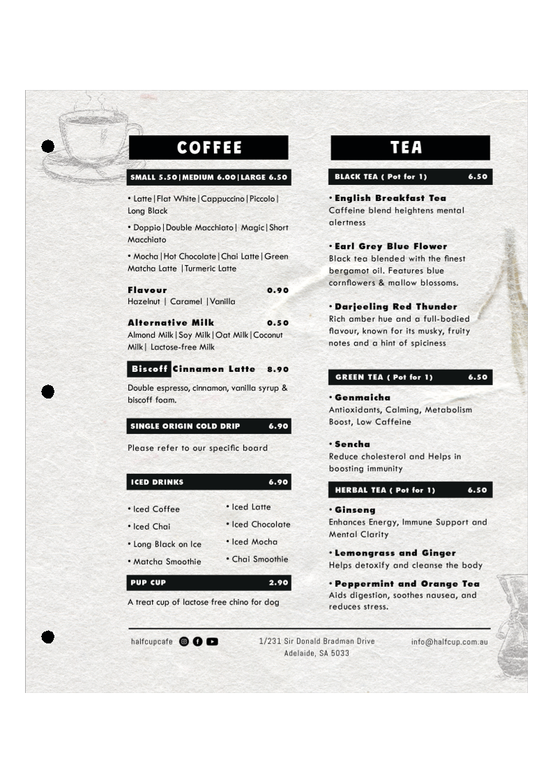 Menu, Half Cup Cafe
