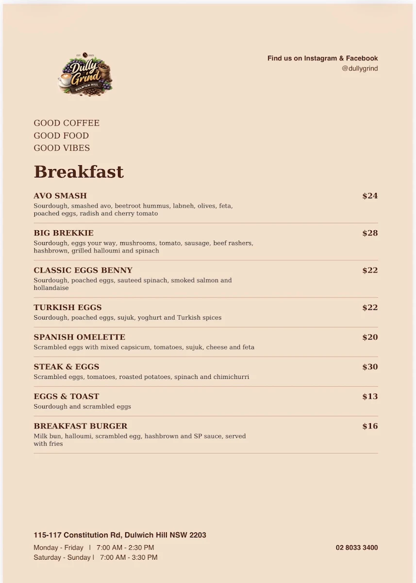 Menu, Dully Grind