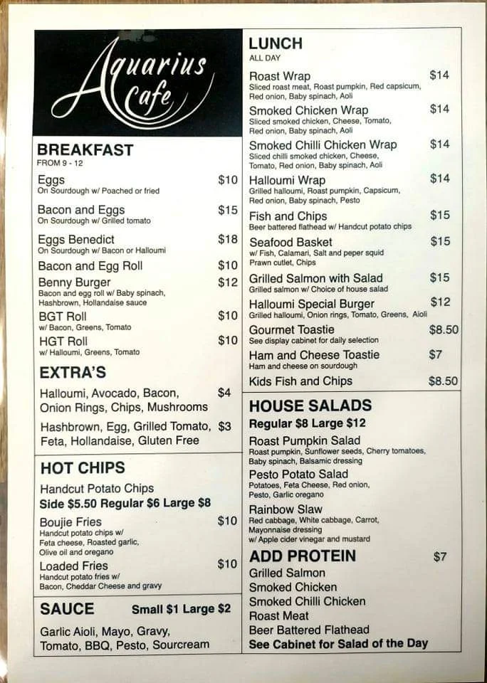 Menu, Nimbin Aquarius Cafe