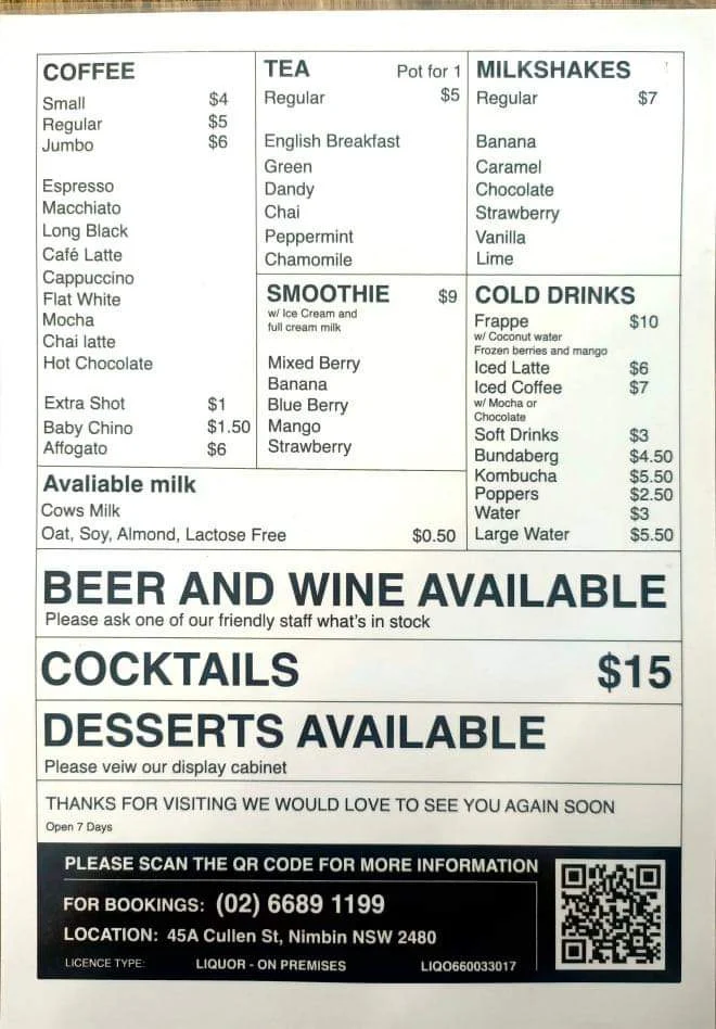Menu, Nimbin Aquarius Cafe