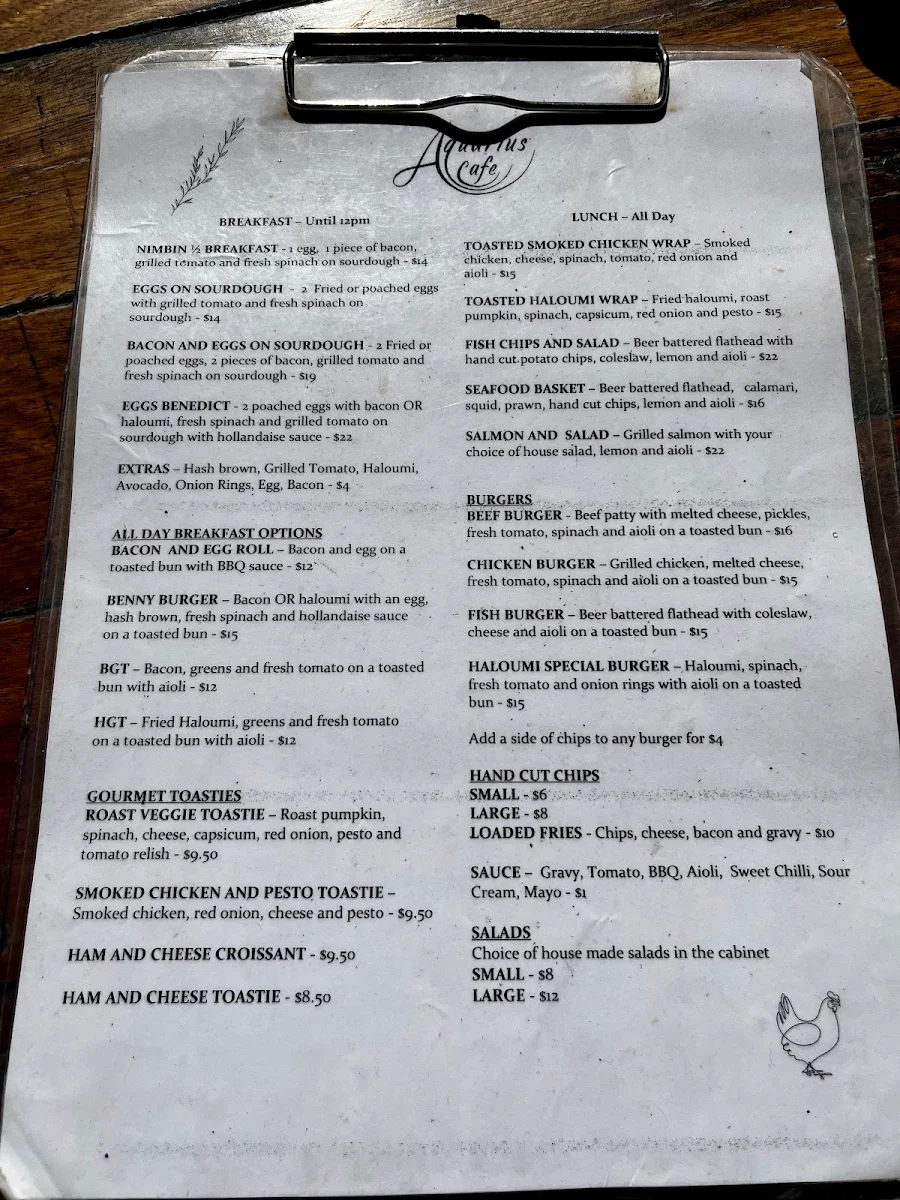 Menu, Nimbin Aquarius Cafe