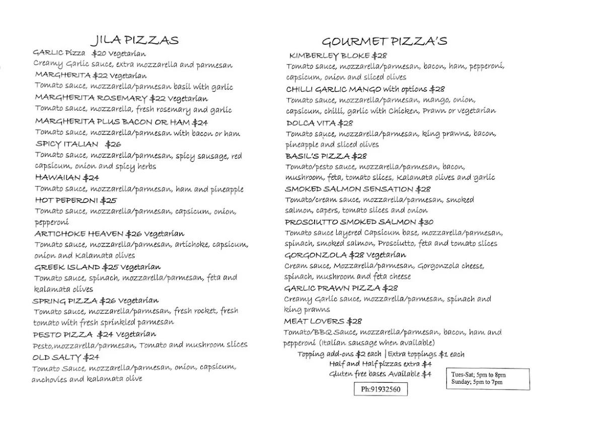 Menu, Jila Gallery Cafe