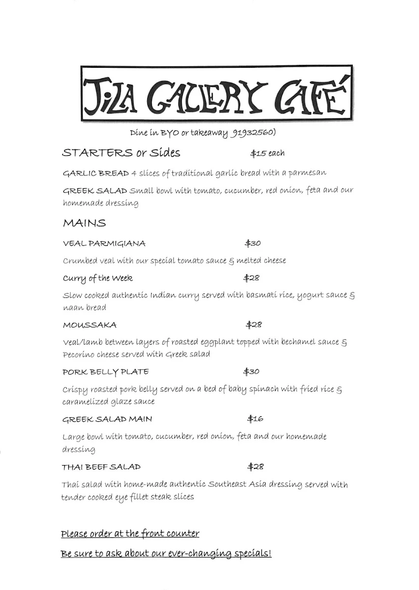 Menu, Jila Gallery Cafe