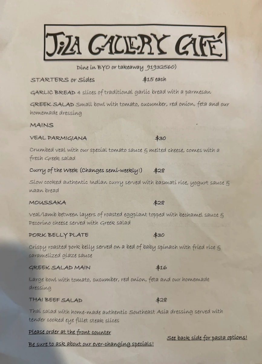 Menu, Jila Gallery Cafe