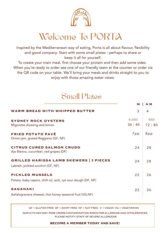 Menu, Porta Dining