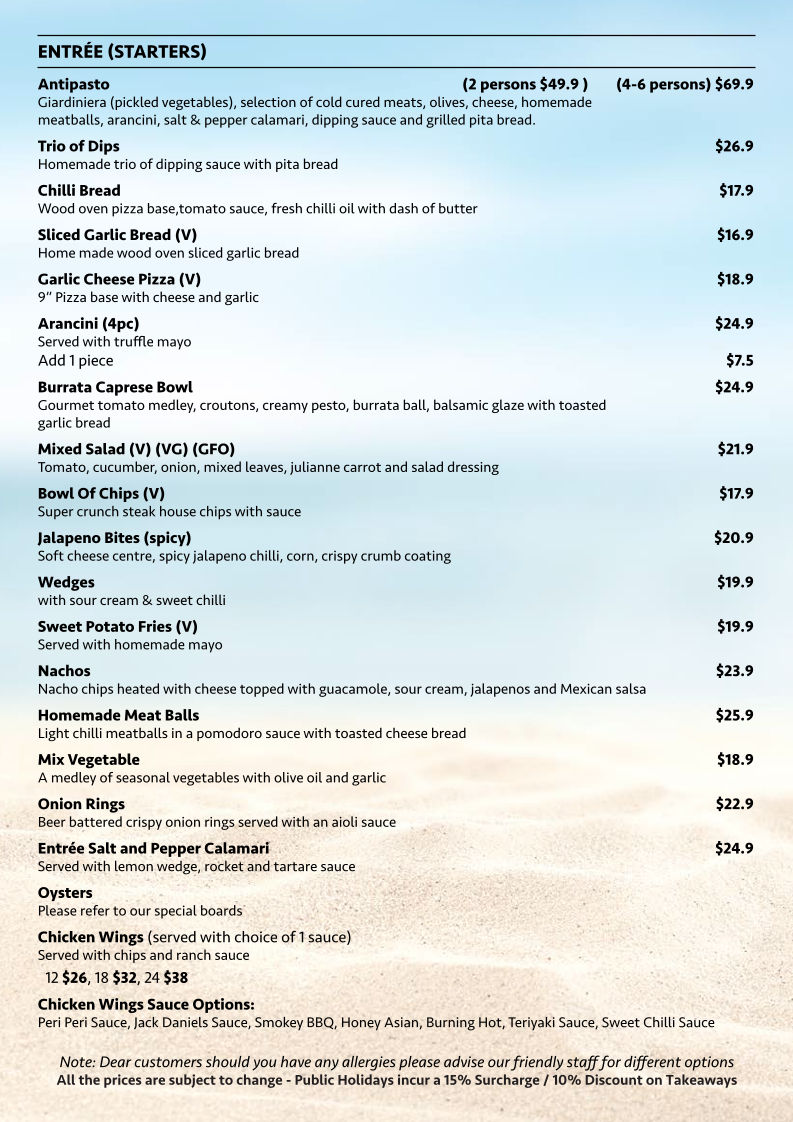 Menu, Sportivo WoodFire Kitchen