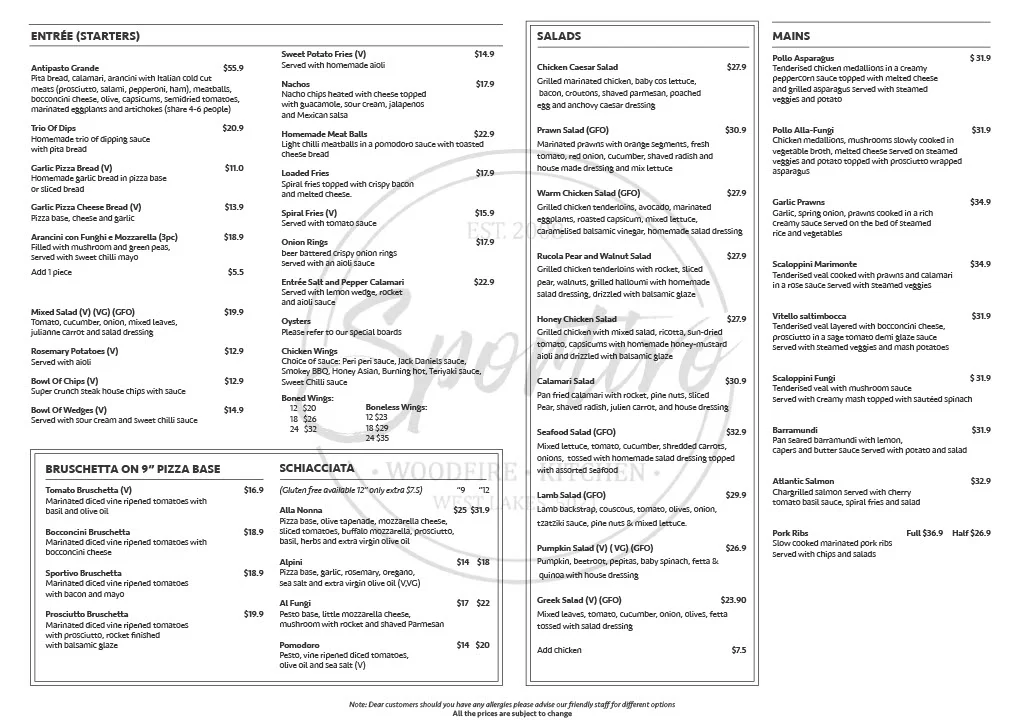 Menu, Sportivo WoodFire Kitchen