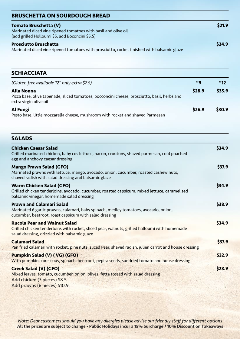 Menu, Sportivo WoodFire Kitchen