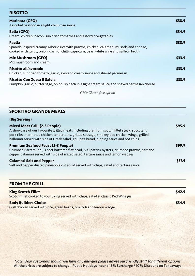 Menu, Sportivo WoodFire Kitchen