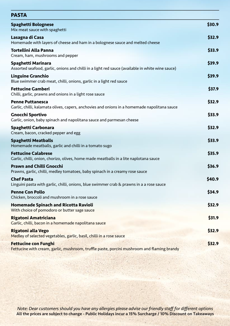 Menu, Sportivo WoodFire Kitchen