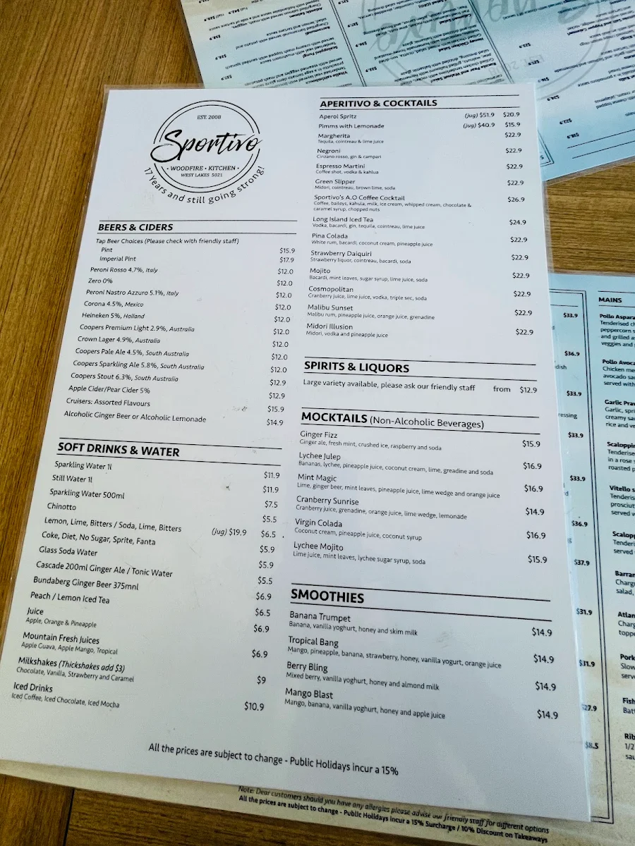 Menu, Sportivo WoodFire Kitchen