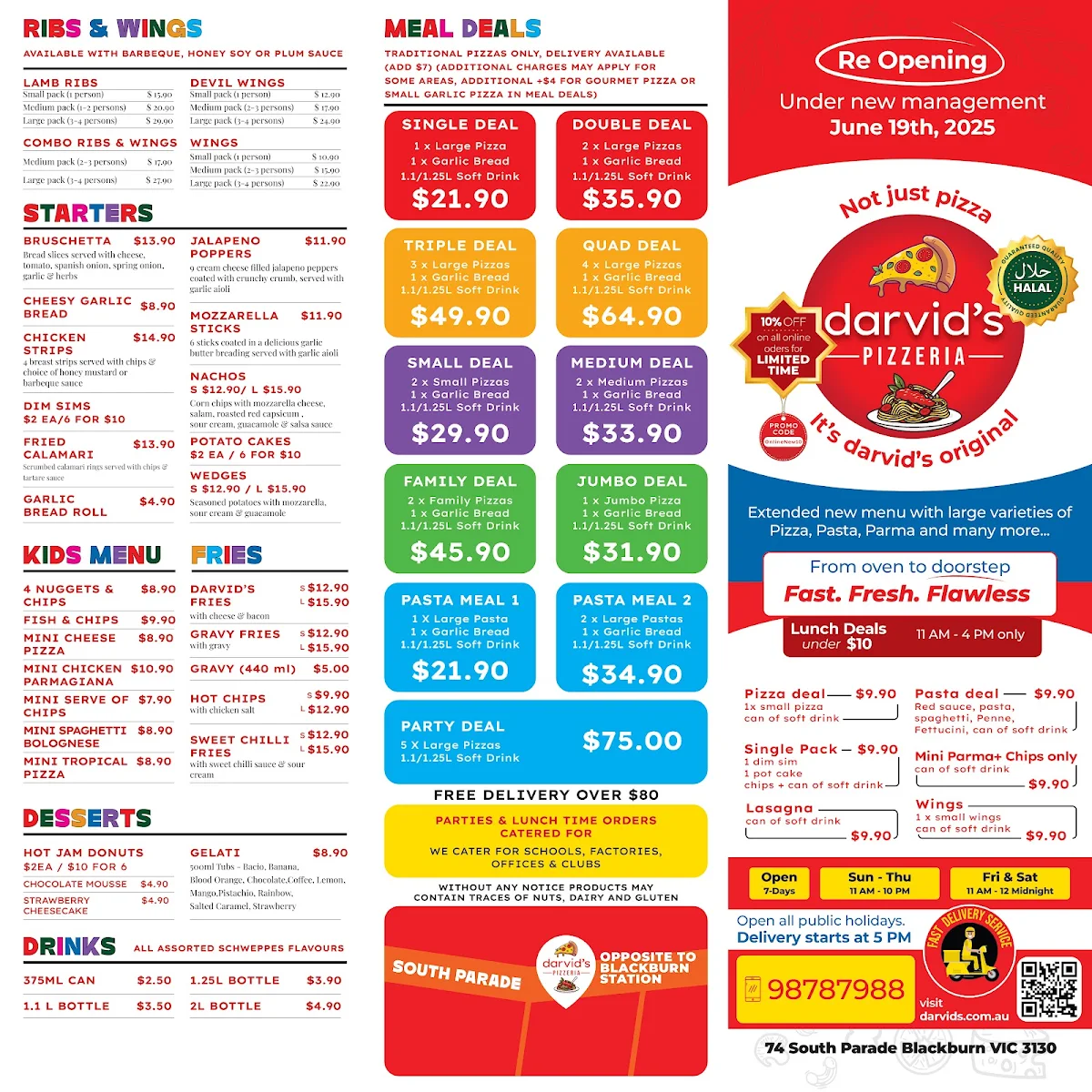 Menu, Darvid's Pizzeria Blackburn
