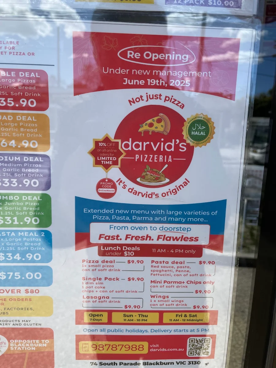 Menu, Darvid's Pizzeria Blackburn