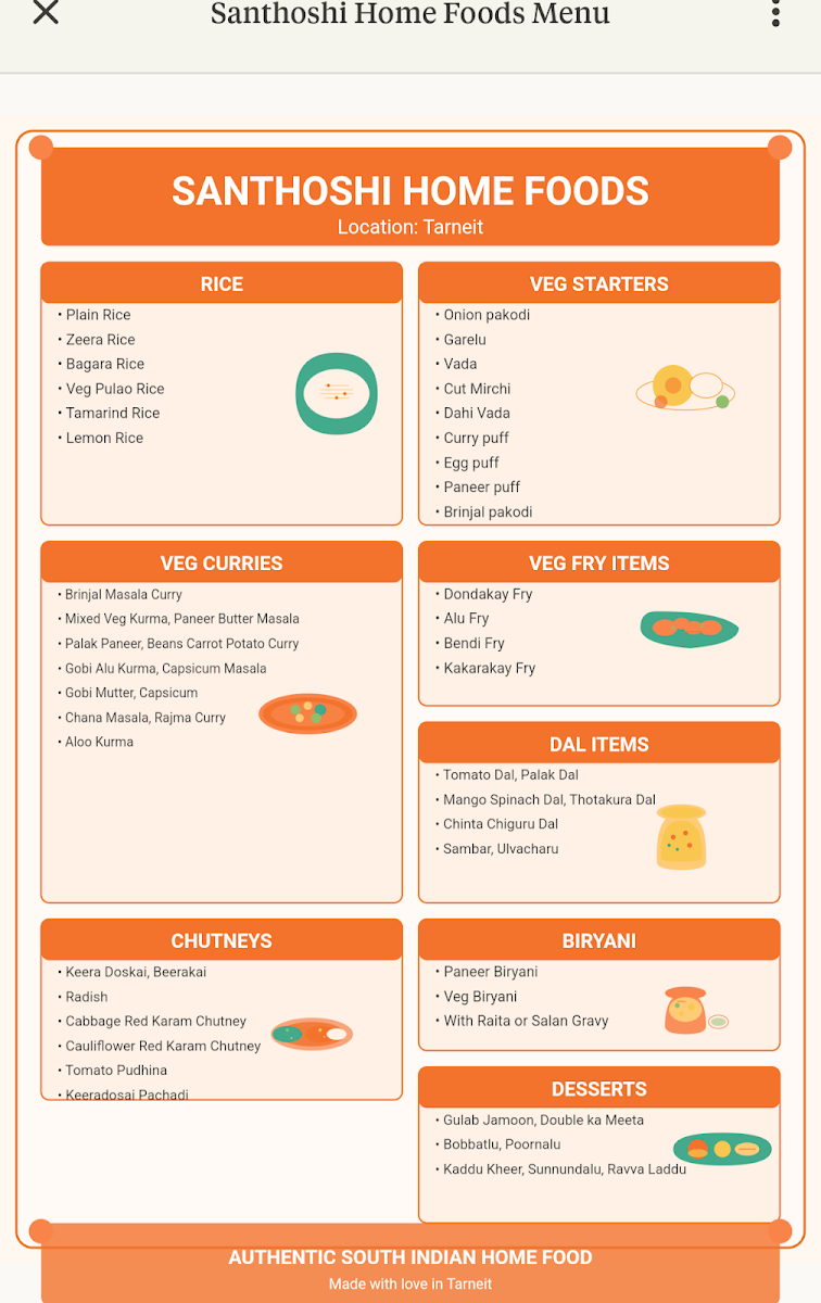 Menu, Santhoshi Home Foods