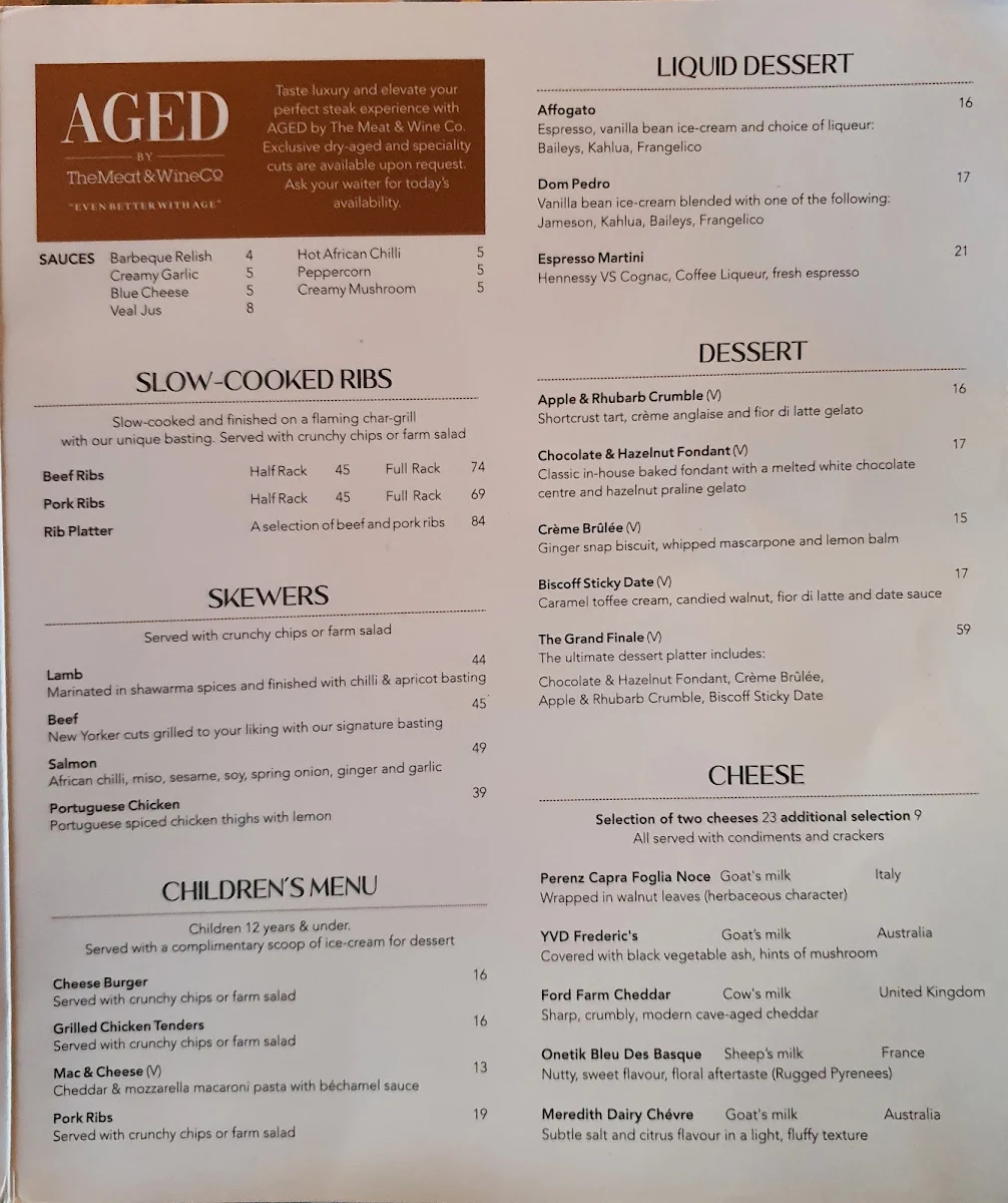 Menu, The Meat & Wine Co Bella Vista
