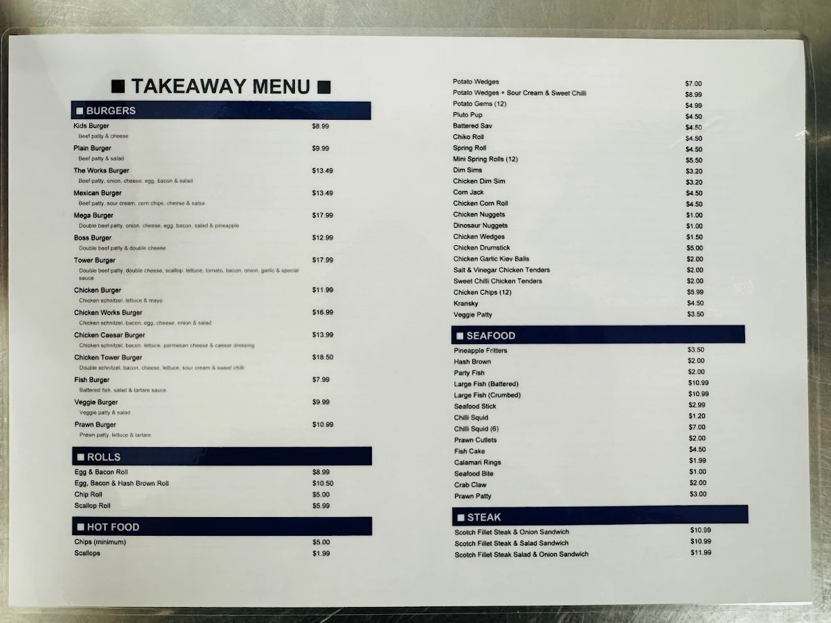 Menu, Windale Takeaway