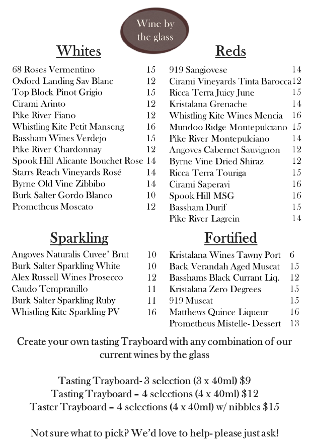 Menu, Riverland Wine Centre